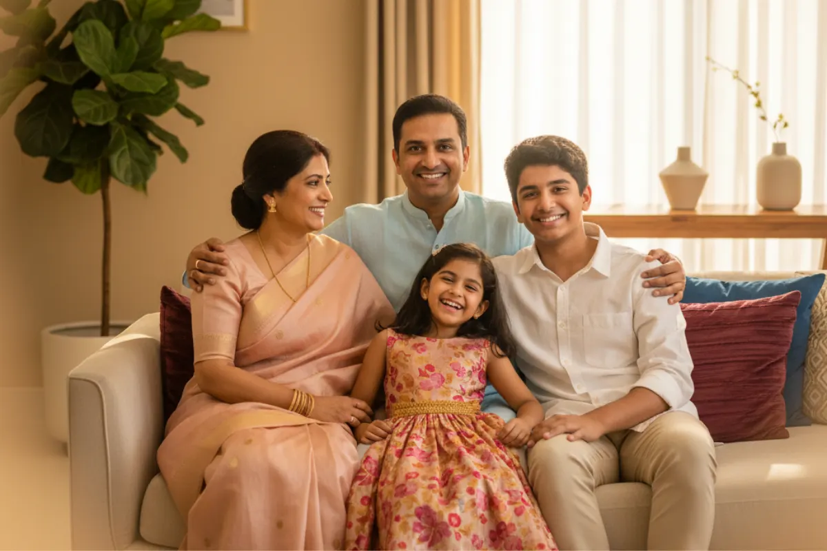 Warm Indian family smiling together, representing protection and prosperity