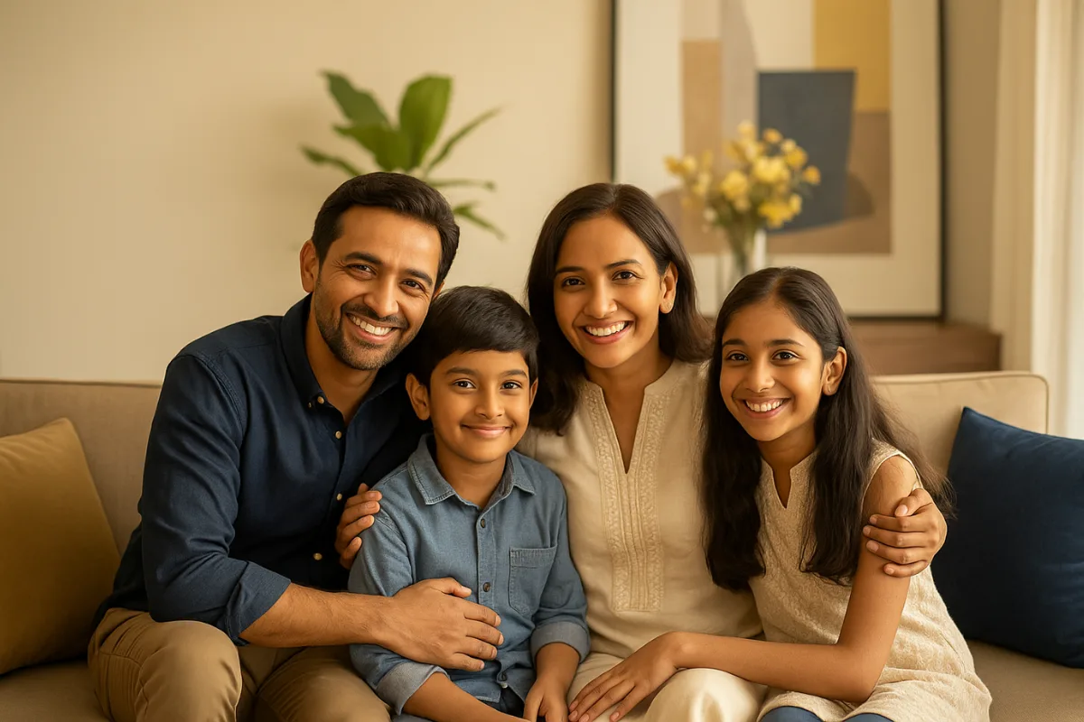 Happy Indian family together, representing financial security and trust